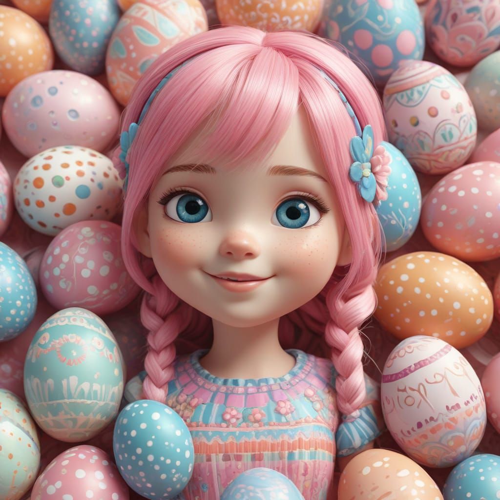 Vibrant Cartoon Doll with Rainbow Hair and Decorative Eggs