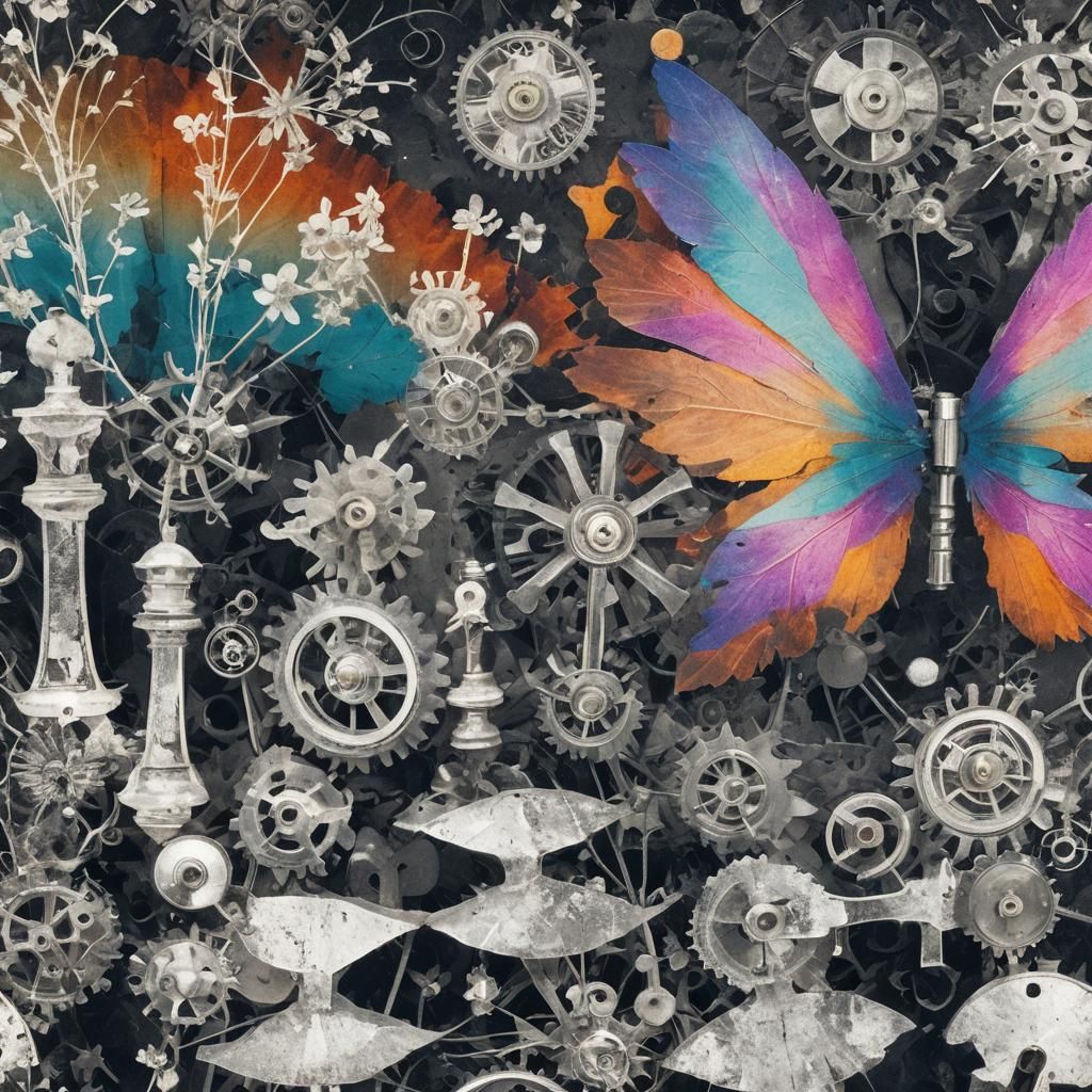 Surrealist Photogram of Clockwork and Flowers in Rayograph S...