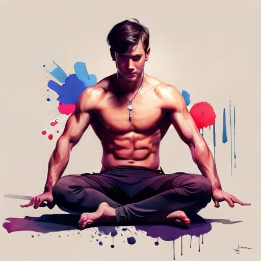 shirtless and slightly embarrassed man is striking a cross-legged yoga pose, watercolour (2)
