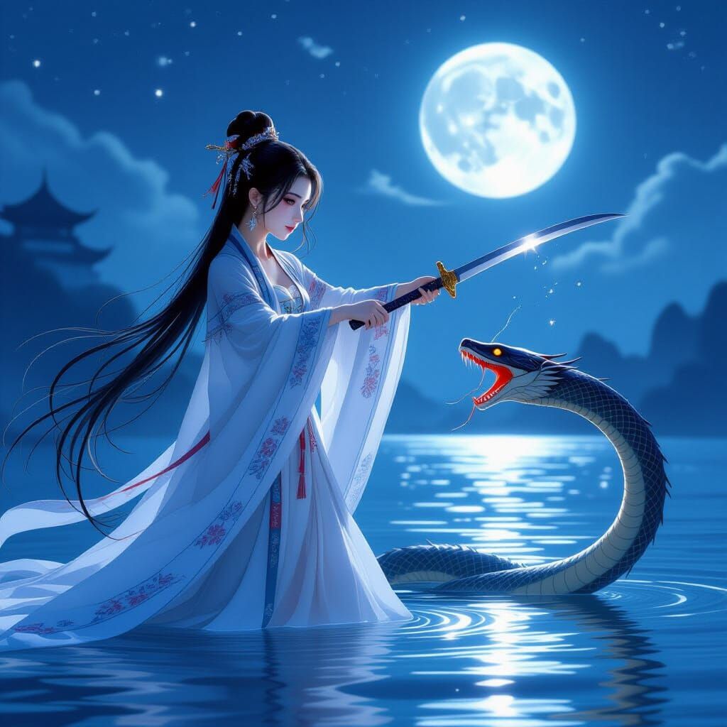 Girl Slaying Snake Demon in Moonlight
