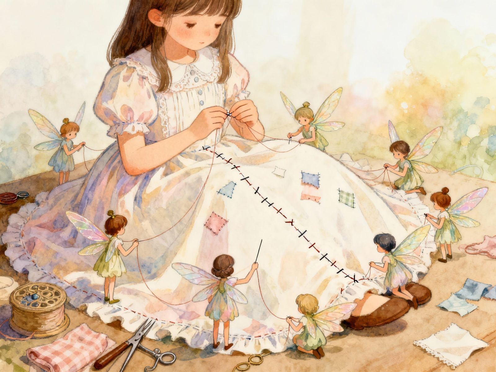 Miniature Fairies Sewing a Giant Girl's Dress