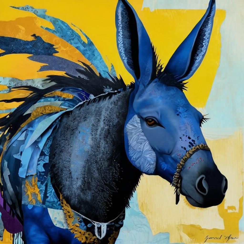 Surreal Blue Donkey in Abstract Mixed Media