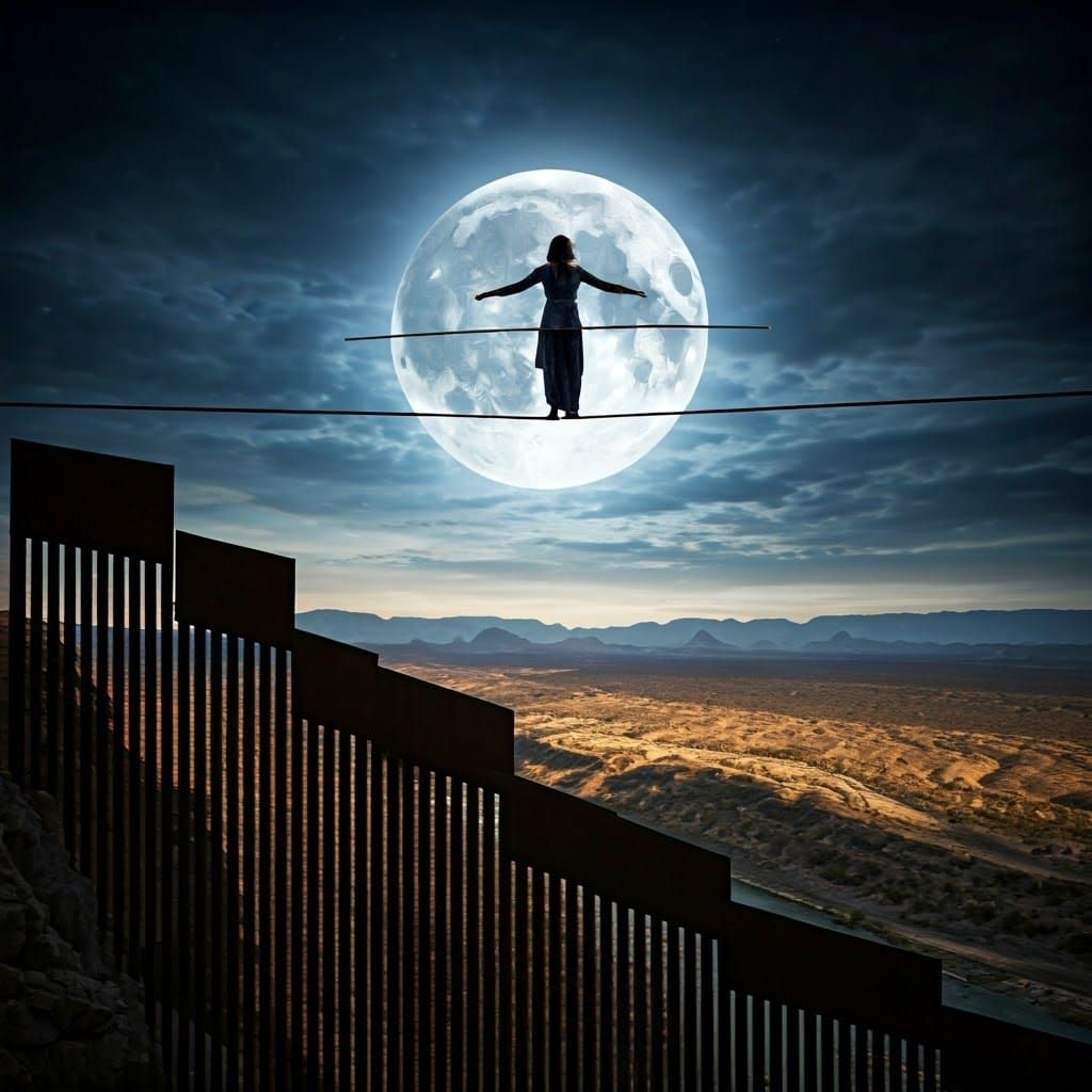 Alejandra on Tightrope Above Rio Grande at Night