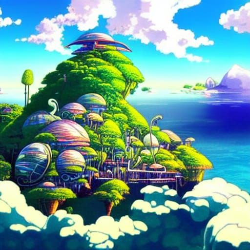 Floating Biopunk Island Inspired by Studio Ghibli