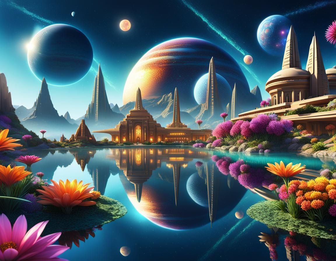 Luxurious Sci-Fi Rocket Over Ancient Alien City