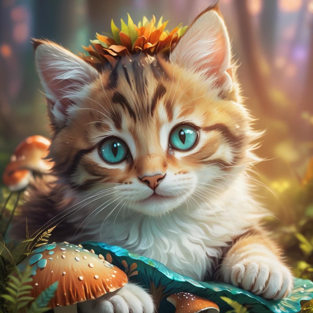 Happy Kitten in Whimsical Fantasy Forest