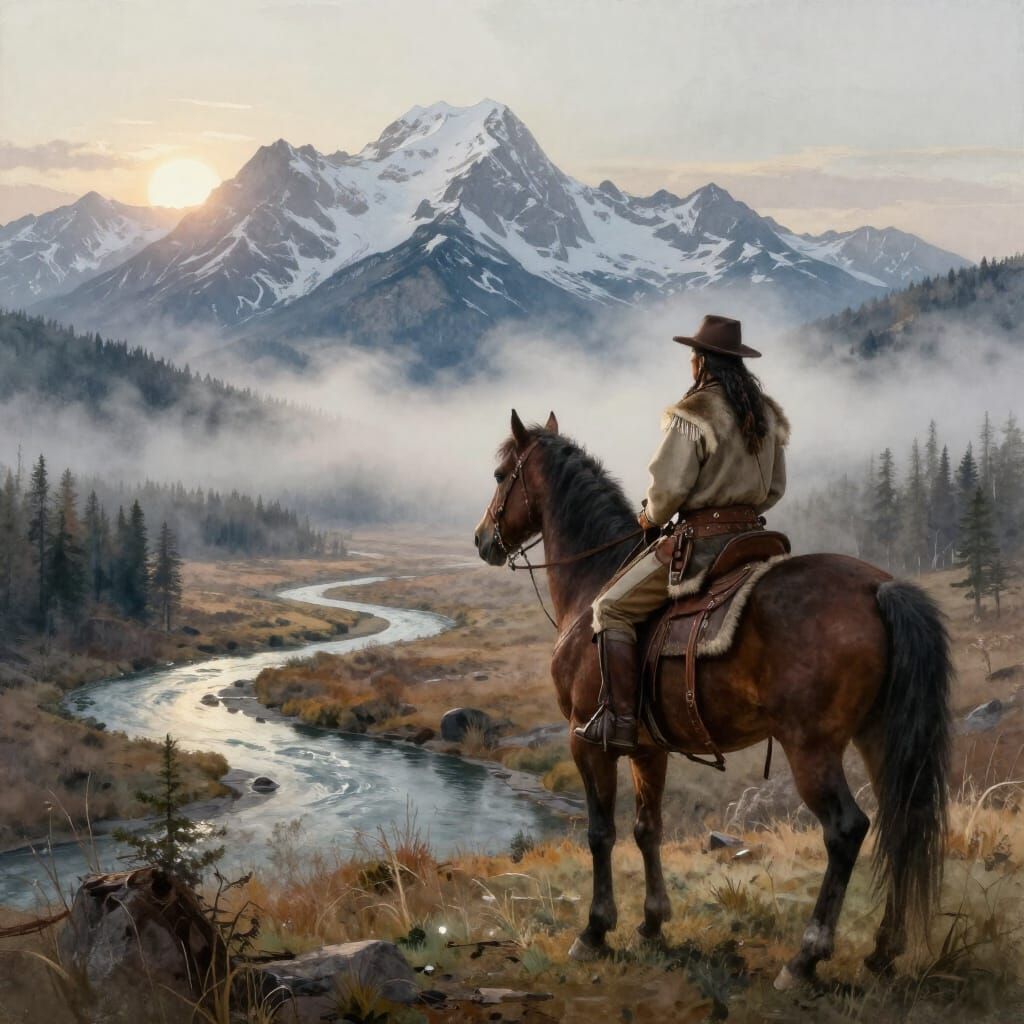 Mohican Warrior Surveys Wilderness at Dawn Matte Painting