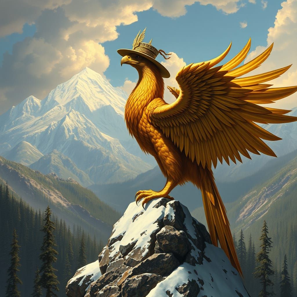 Griffin with Hat on Snowy Peak, Fantasy Art