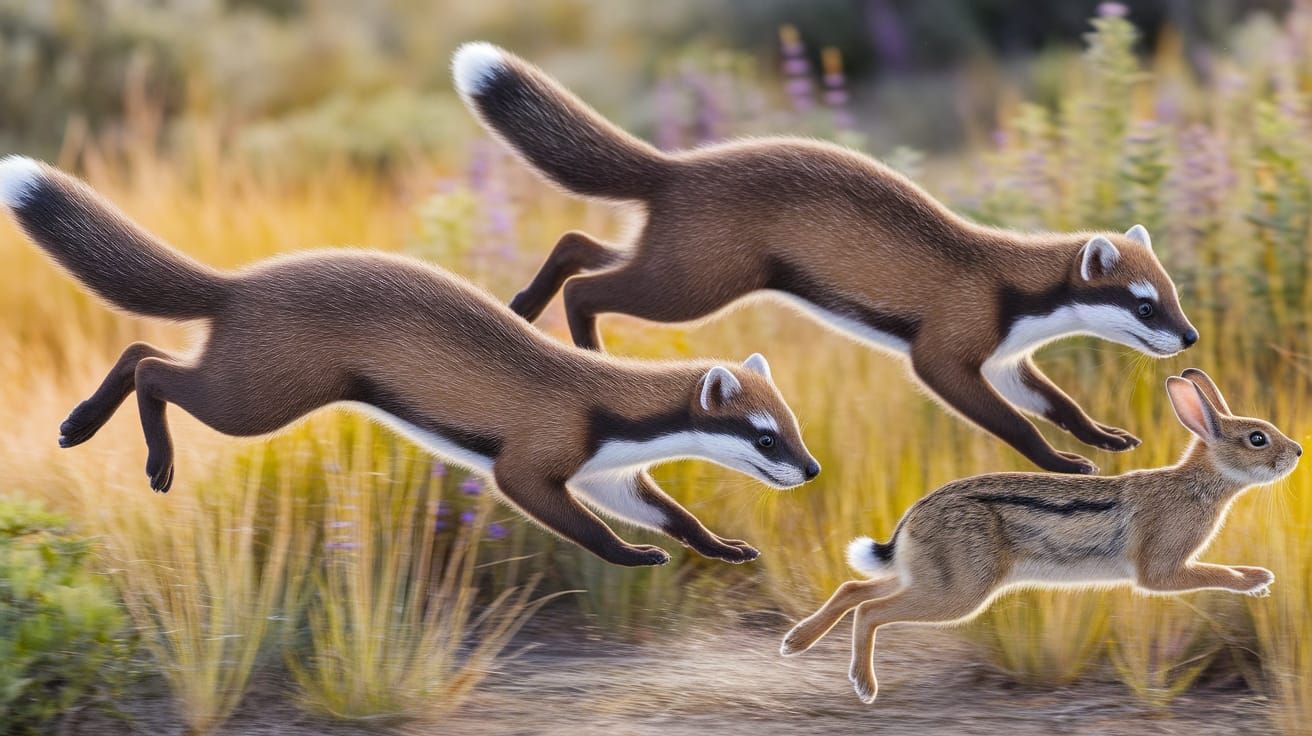 Stoats Chase Rabbit in Shrubland, Airbrush Art