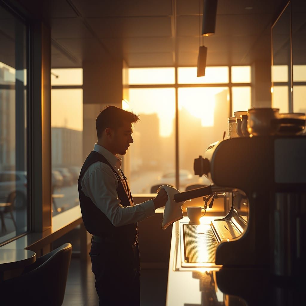 Barista Lost in Thought at Dawn in a Deserted Coffee Shop