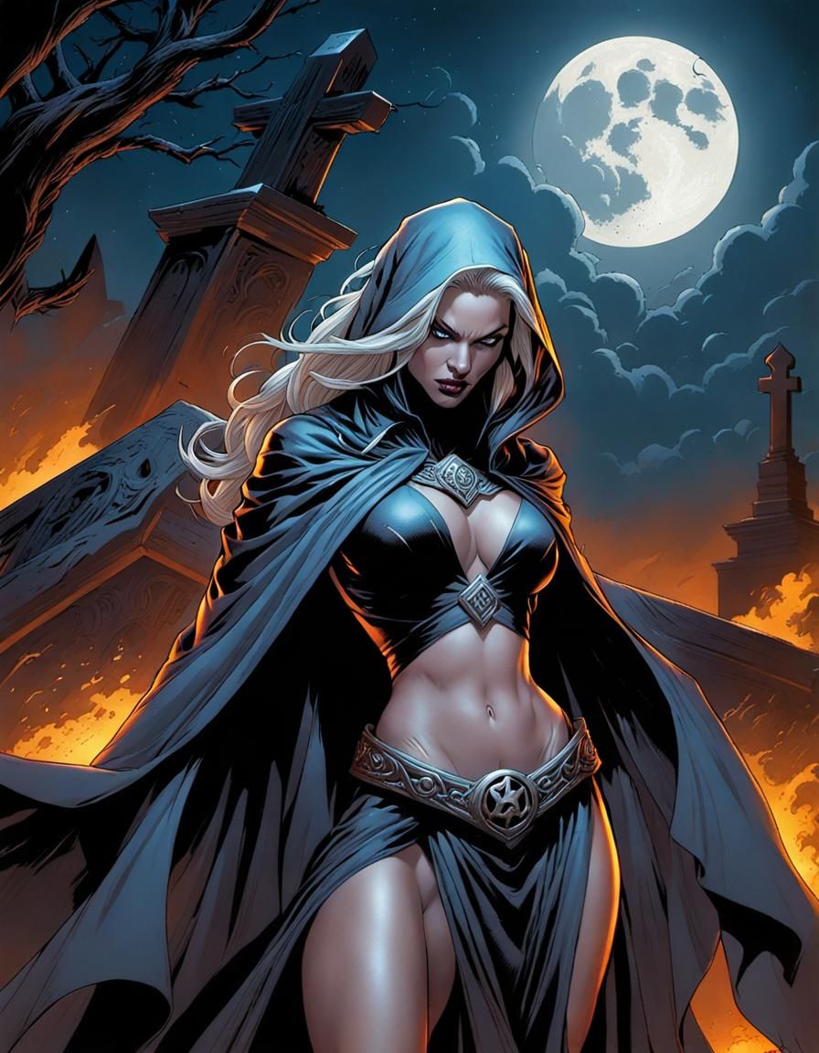 Necromancer Babe Dark Ritual in Comic Book Style