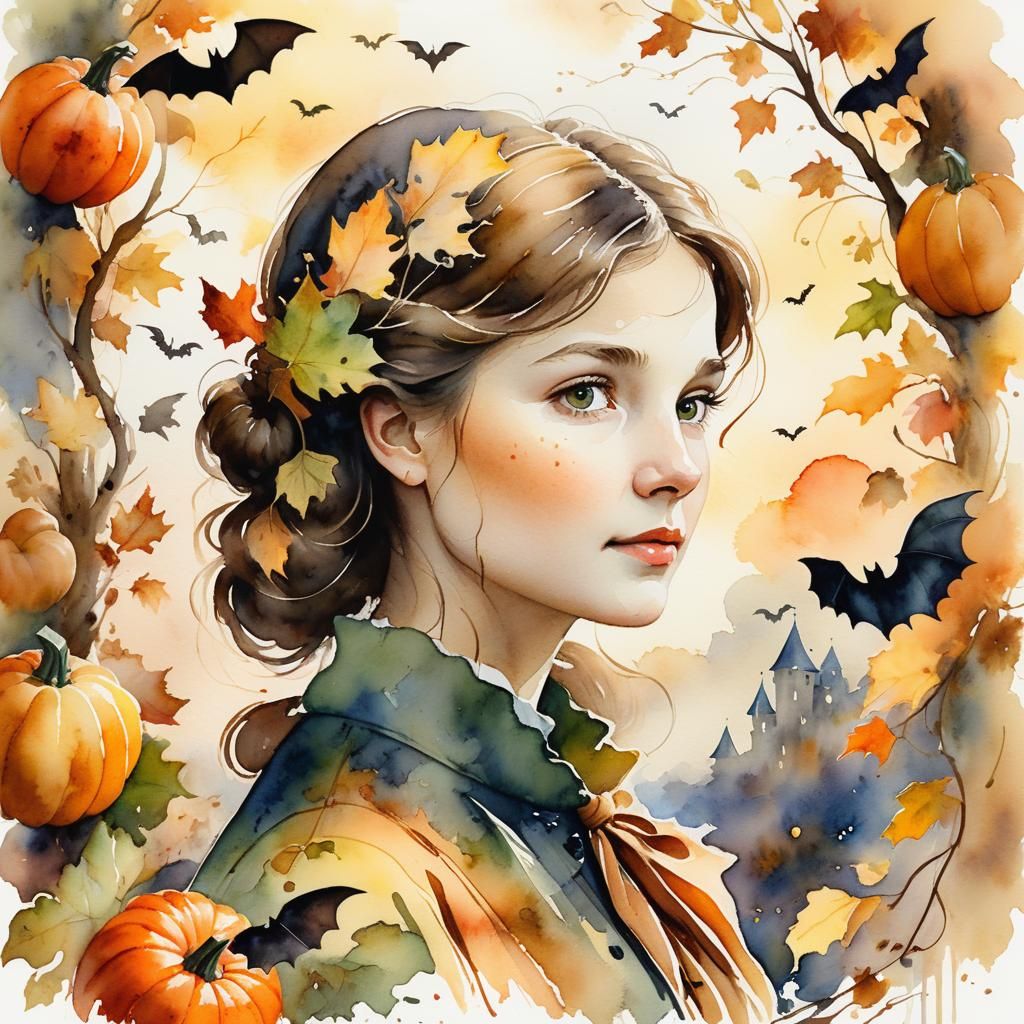 Autumn Silhouette Portrait in Watercolor Style