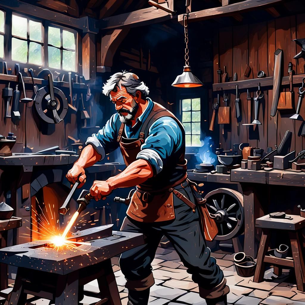 Blacksmith at Work in Workshop