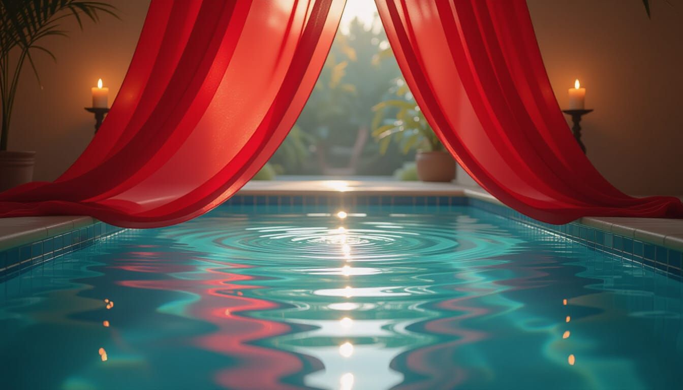 Aqua Light Pool Under Red Silk Veil by Candlelight