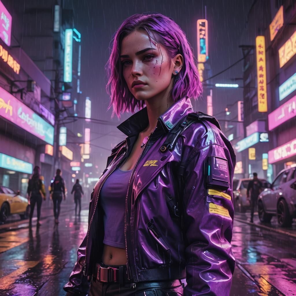 Cyberpunk Girl with Gun in Neon Cityscape