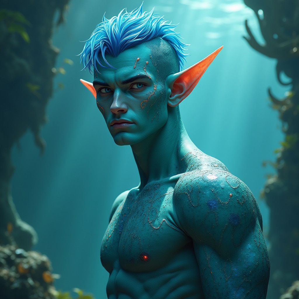 Sea Elf Warrior in Bioluminescent Aquatic Splendor