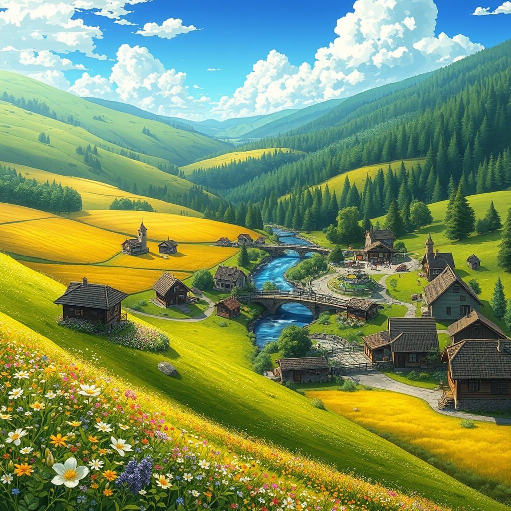 Anime Village Scene in a Lush Valley