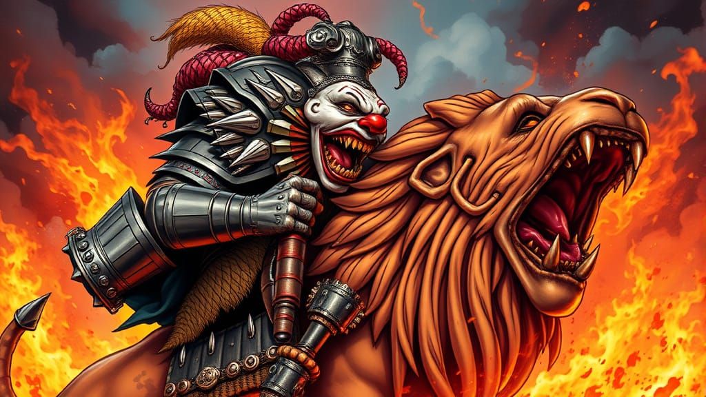 Armored Clown Troll Rides Three-Headed Lion in Comic Style
