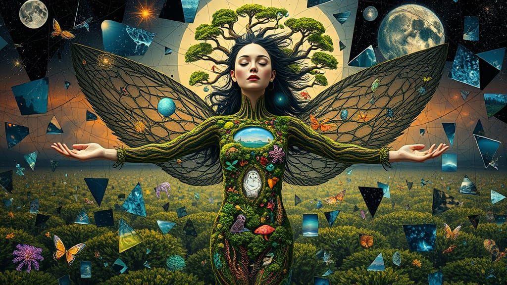 Ethereal Bio-Art Goddess in a Field of Shattered Mirrors