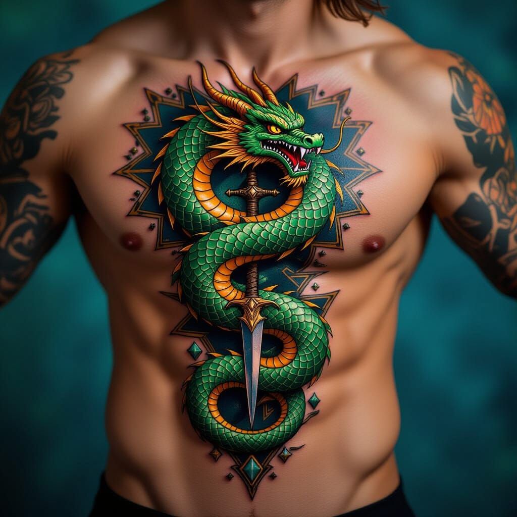 Emerald Dragon Tattoo Torso with Amber Glow