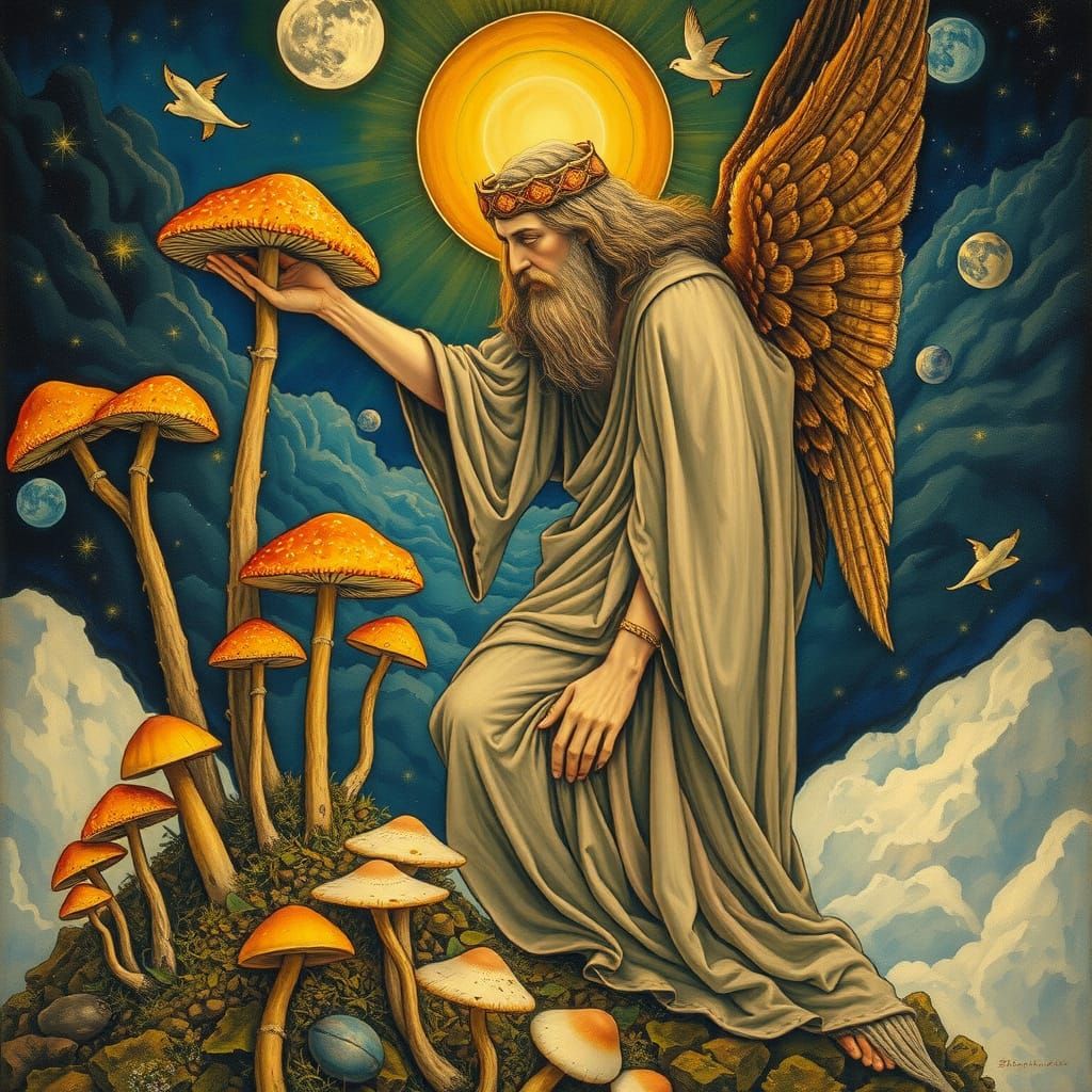 Mystical Jehovah Harvests Mushrooms in Celestial Dreamscapes