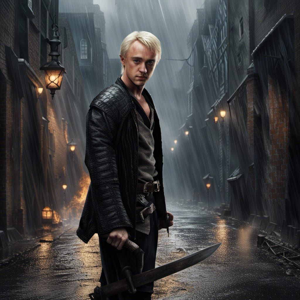 Hyperrealistic Pirate Assassin in Burning Alley