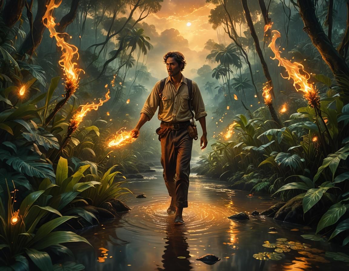 Flaming Hands in Jungle River: Fairytale Illustration