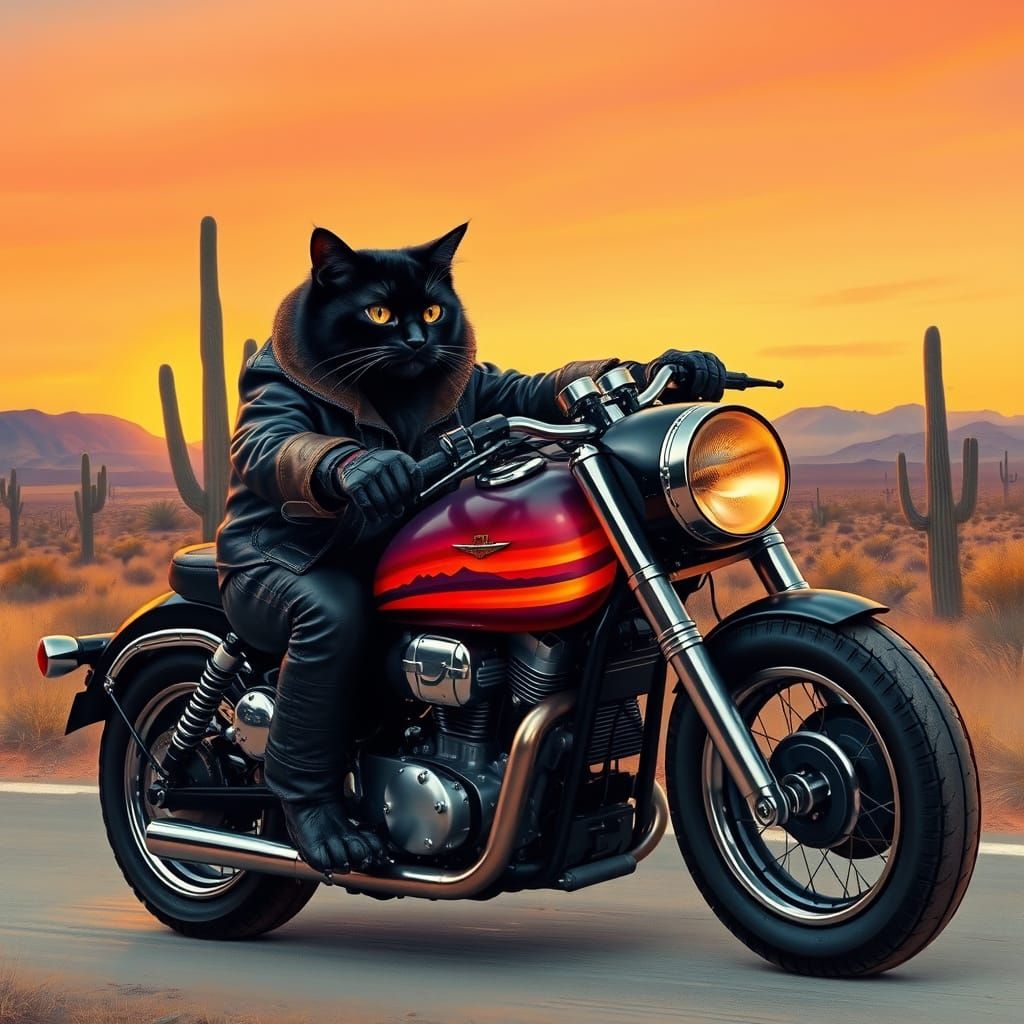 Black Cat Rides Motorcycle with Desert Sunset Art