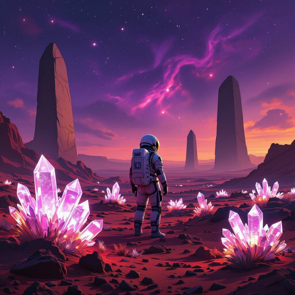 Astronaut on Mars with Crystalline Flora, Matte Painting Sty...
