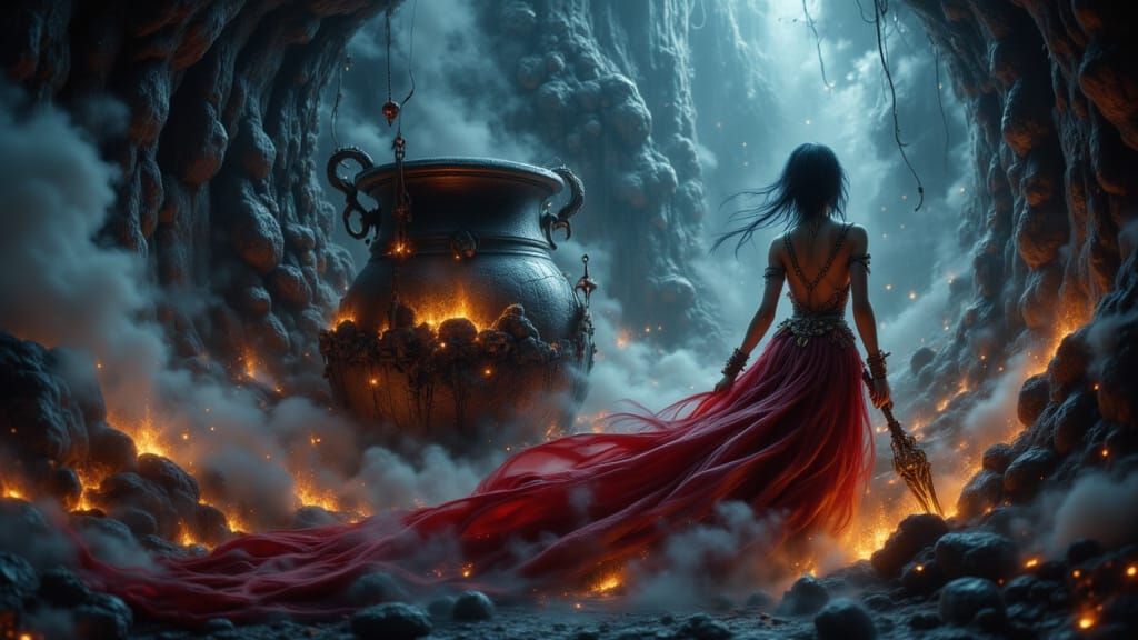 Fantasy Sorceress Conjures Magic in Lair