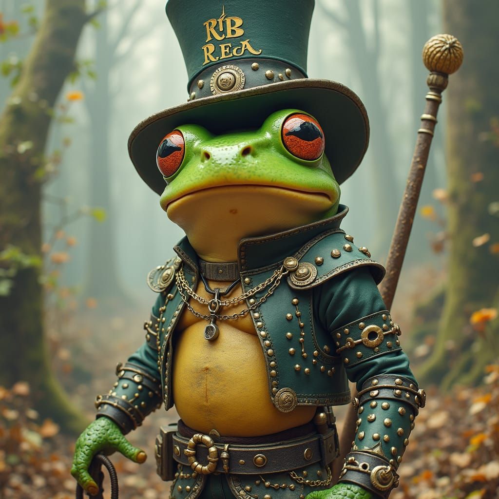 Frog Adventurer in Top Hat and Chain Mail