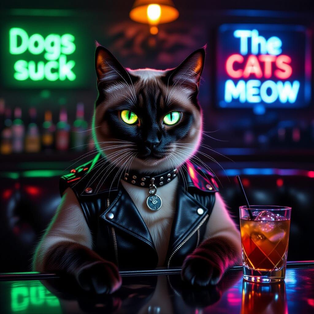 Siamese Cat Biker in Neon Bar