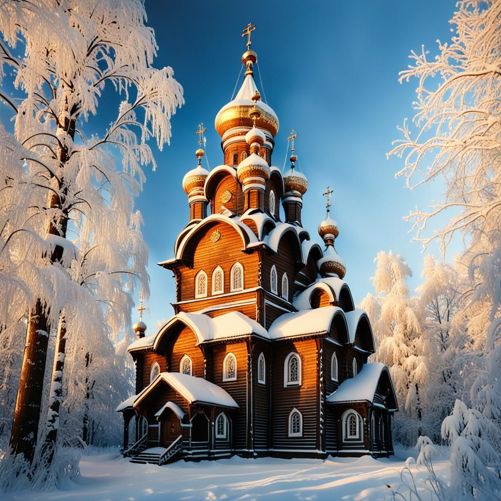 Russian Orthodox Church in Winter, Folk Art Style