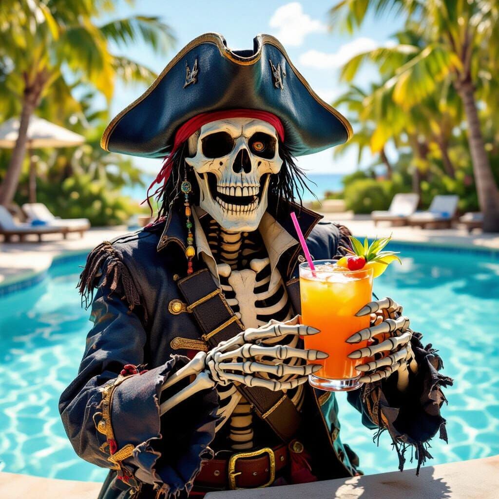Skeleton Pirate Serves Tropical Drink by Pool