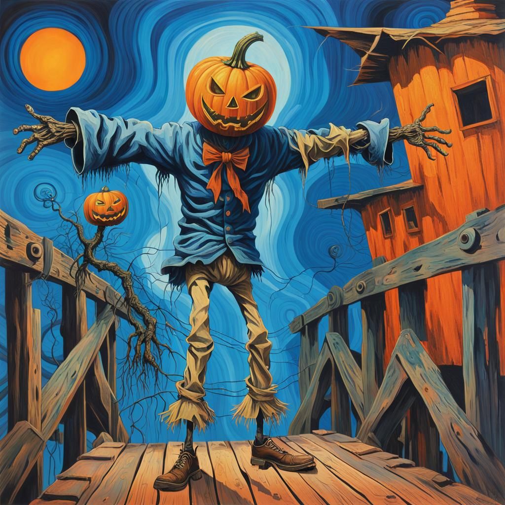 An intensely emotive anthropomorphic screaming   pumpkin headed scarecrow  wearing a diaper, reminiscent of Edvard Munch...