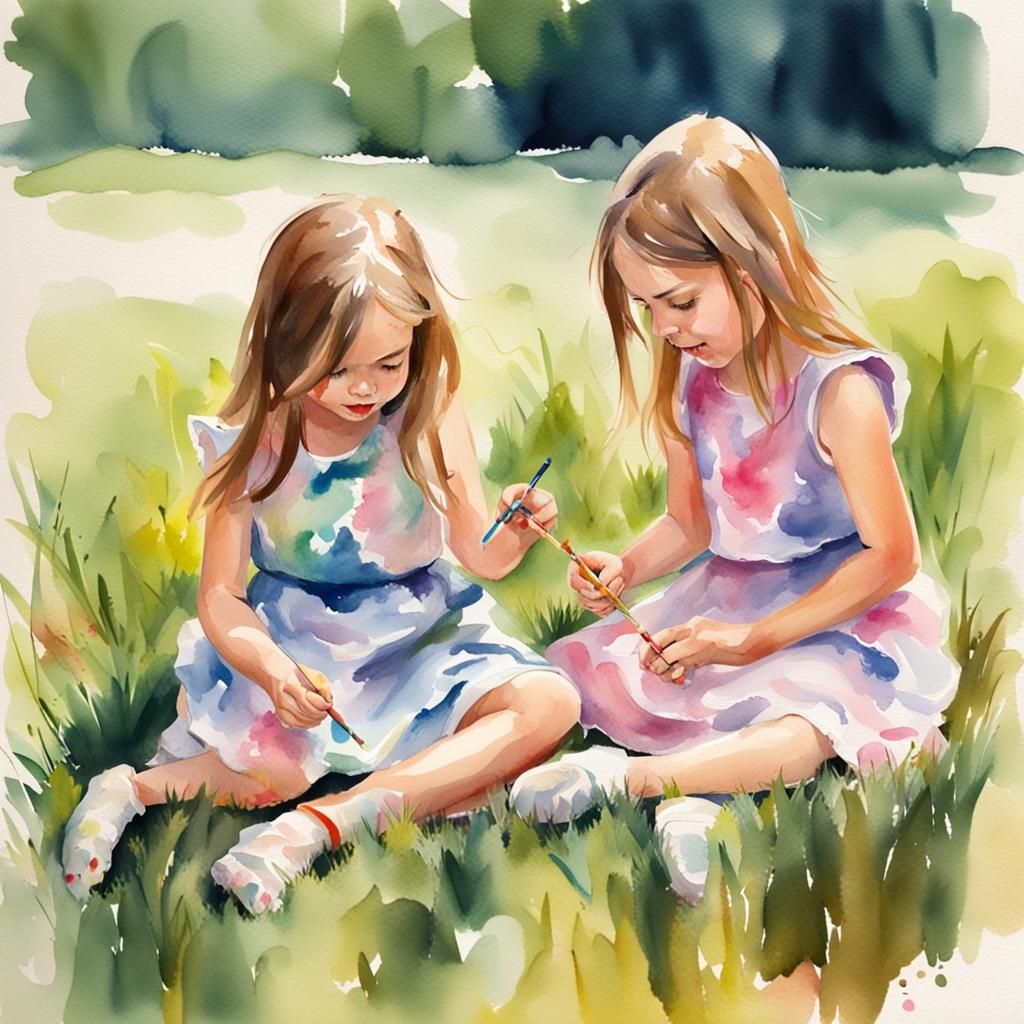 Girls Painting Outdoors in Watercolor Style