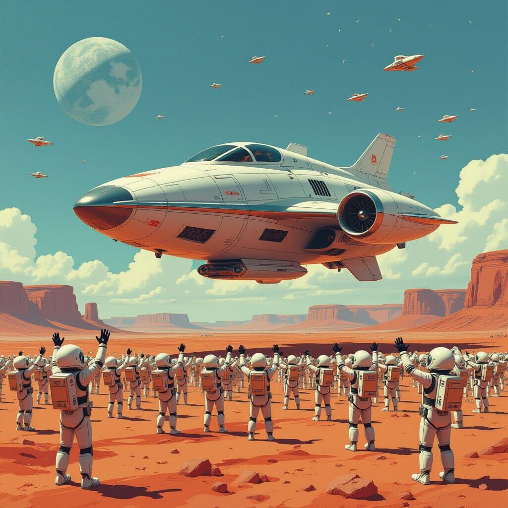 Retro Spaceship Landing on Desert Planet with Cheering Robot...