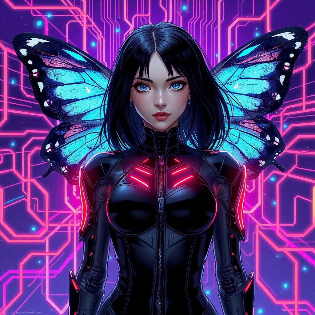 Neon Cyborg Butterfly in Anime Sci-Fi Style