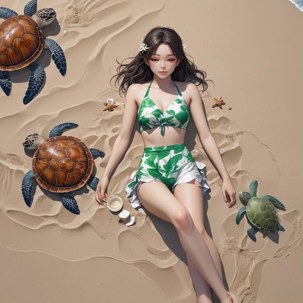 Girl on Beach with Turtles: 3D Anime Art