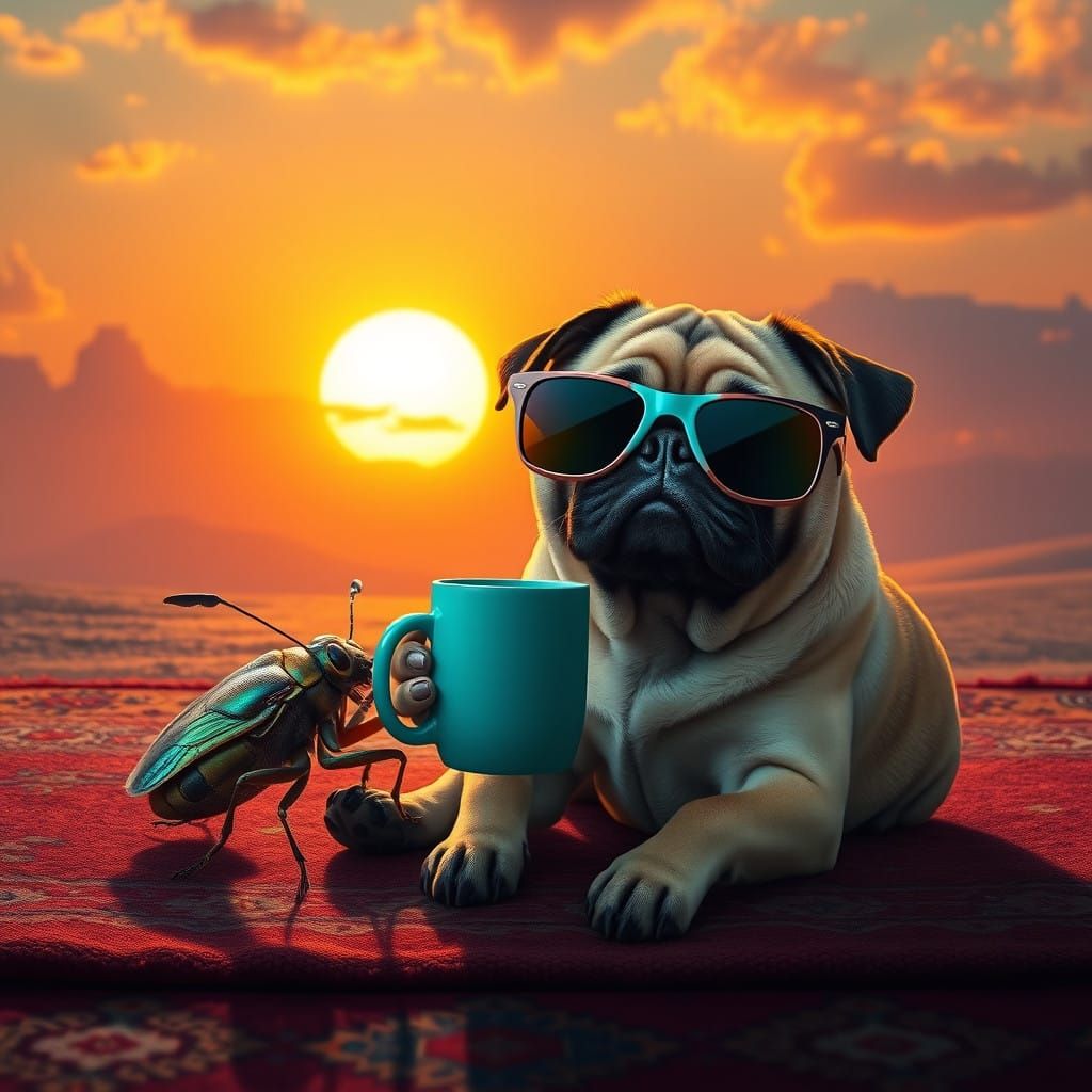 Vibrant Pug and Bug Relax in Sunset Dreamscape with Moroccan...
