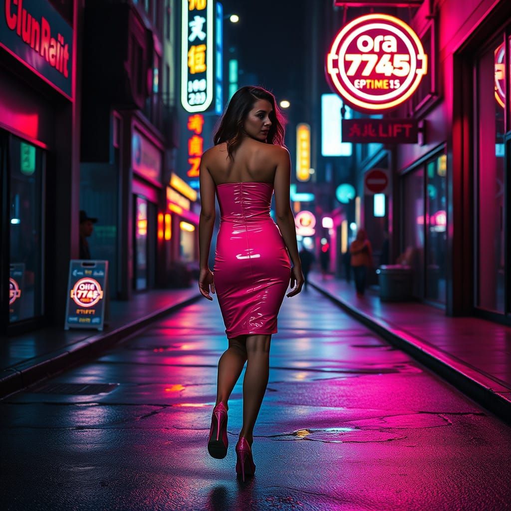 Woman in Vibrant Pink Latex Embracing Futuristic Urban Night