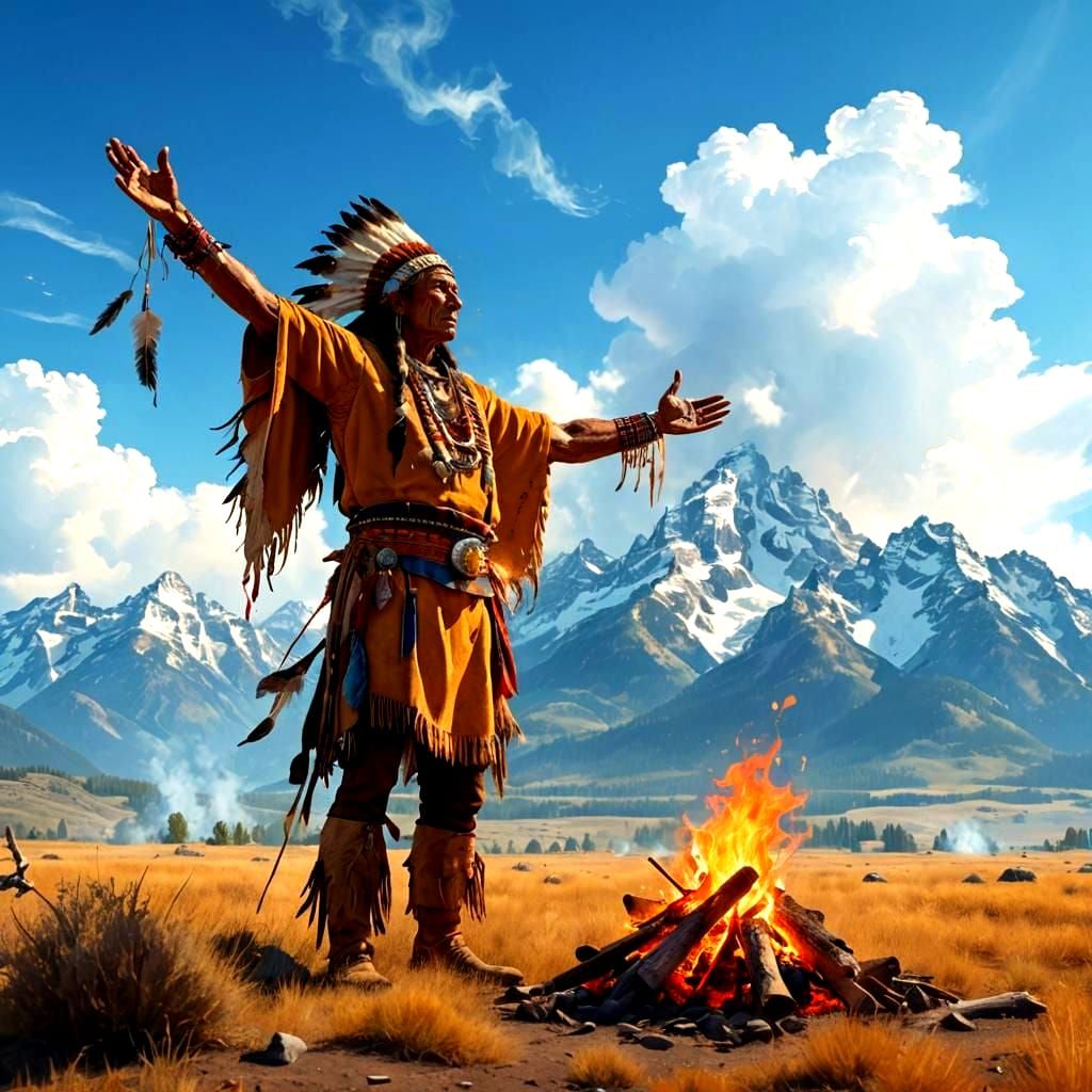 Native American Chief Raises Arms to the Sky in the Teton Mo...