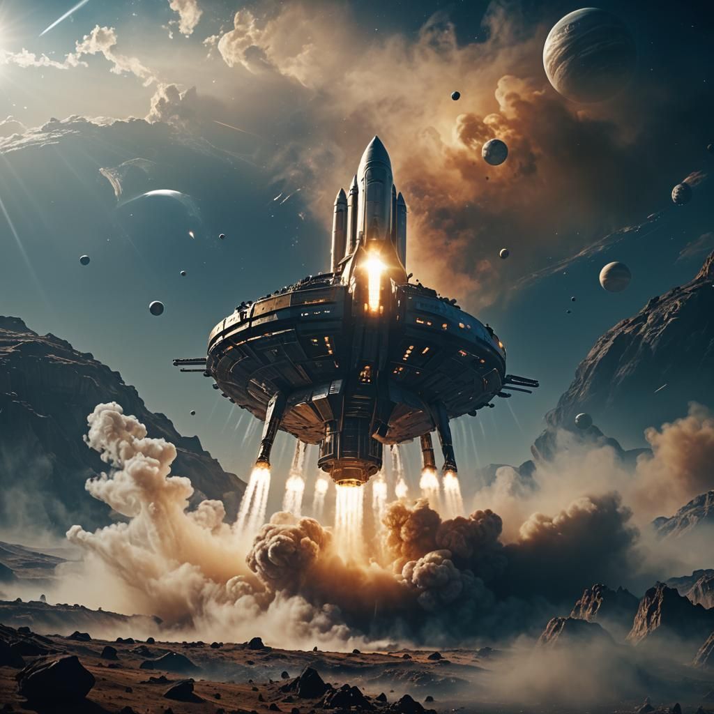 Spaceship Launch on Misty Planet: Cinematic Film Still