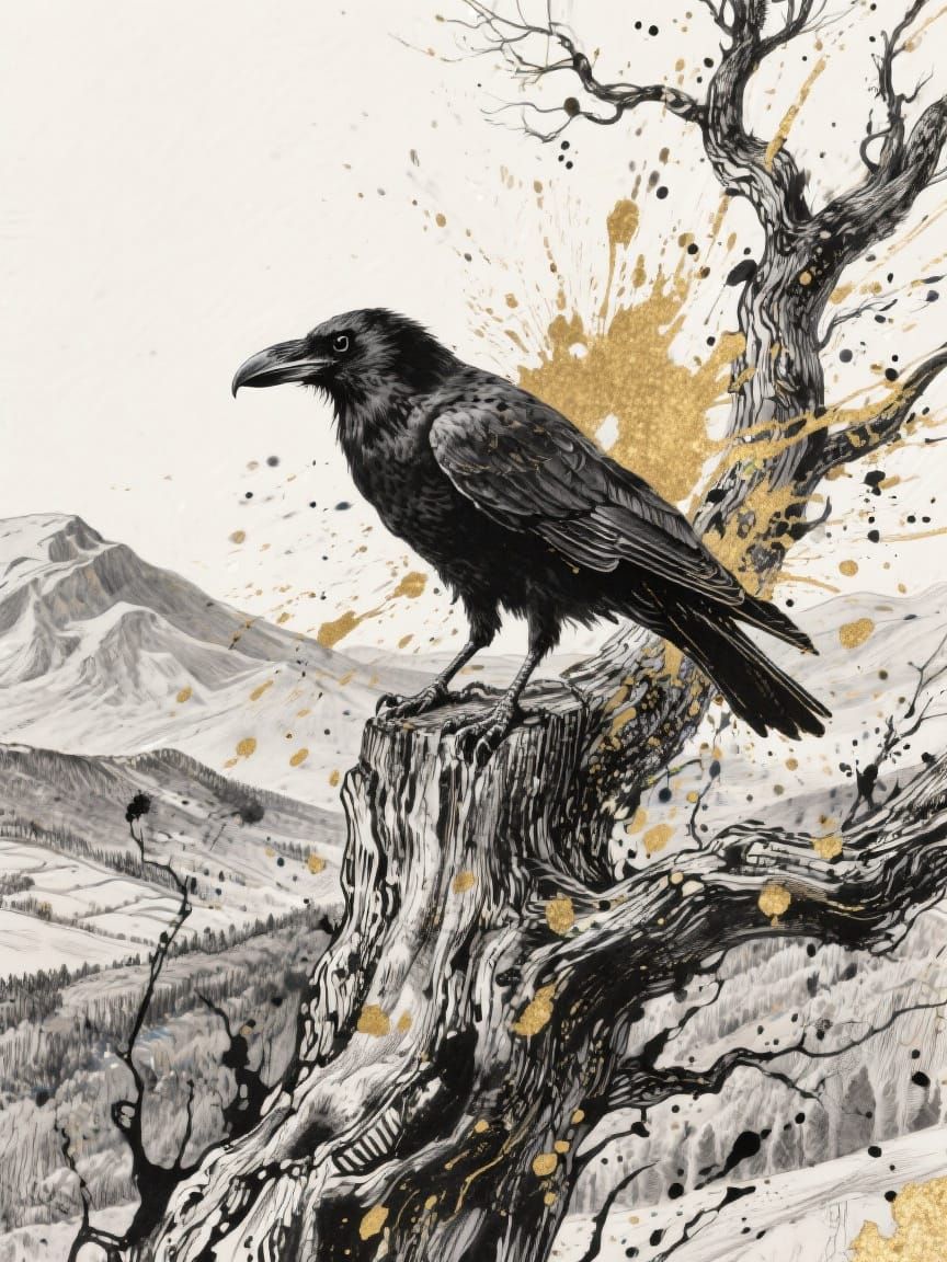 Raven Overlooking Welsh Mountains in Mixed-Media Illustratio...