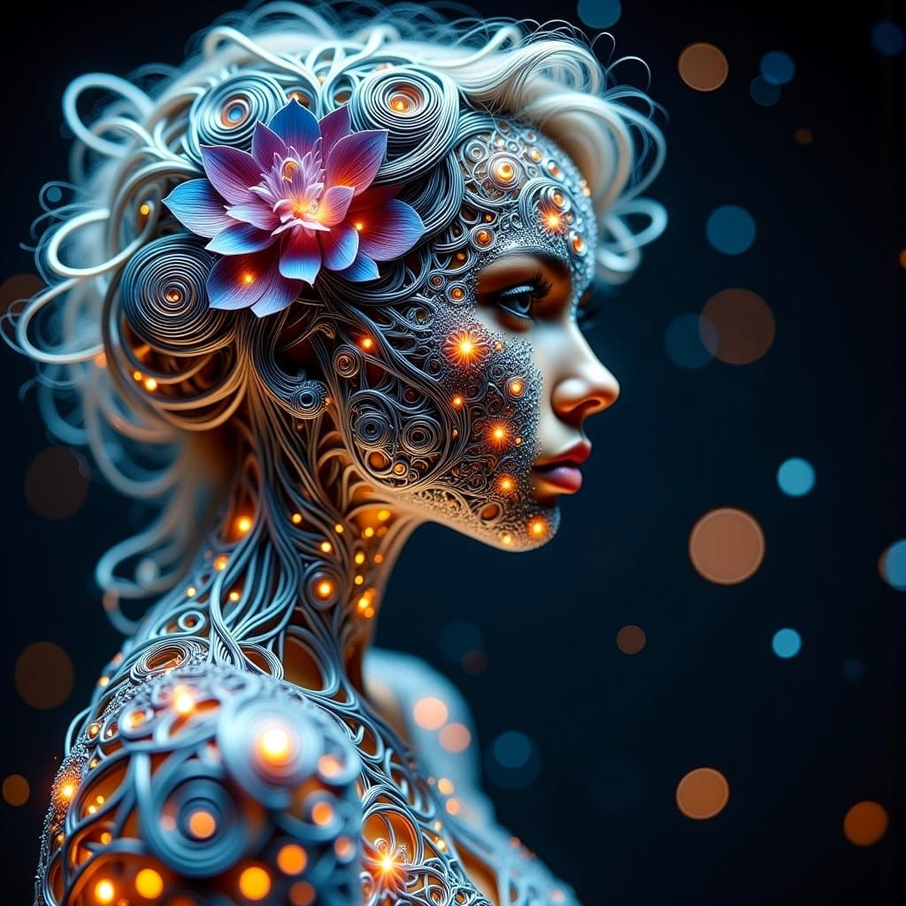 Sci-Fi Filigree Cyborg in Glitch-Punk Style