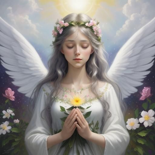 Ethereal Angel Praying with Fairy and Wolf