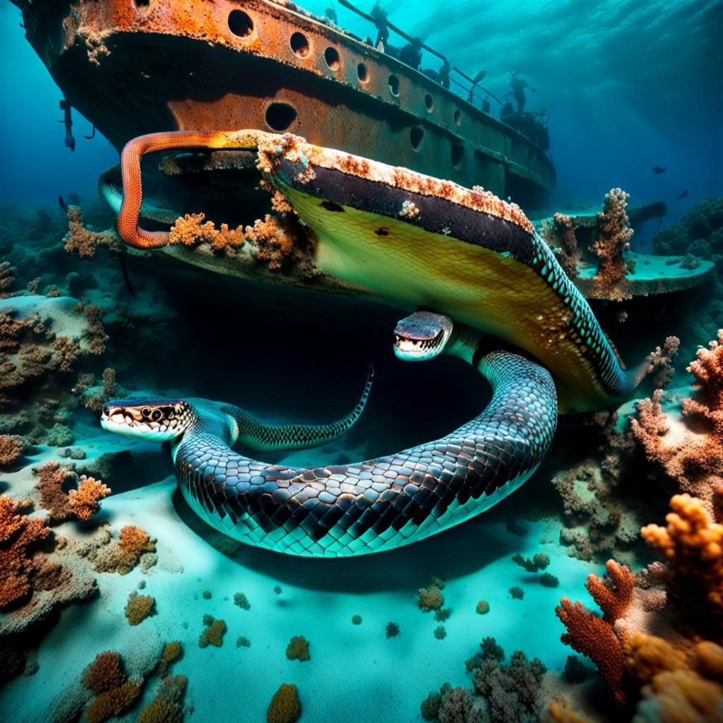 Sea Serpent Glides Through Submerged Shipwreck