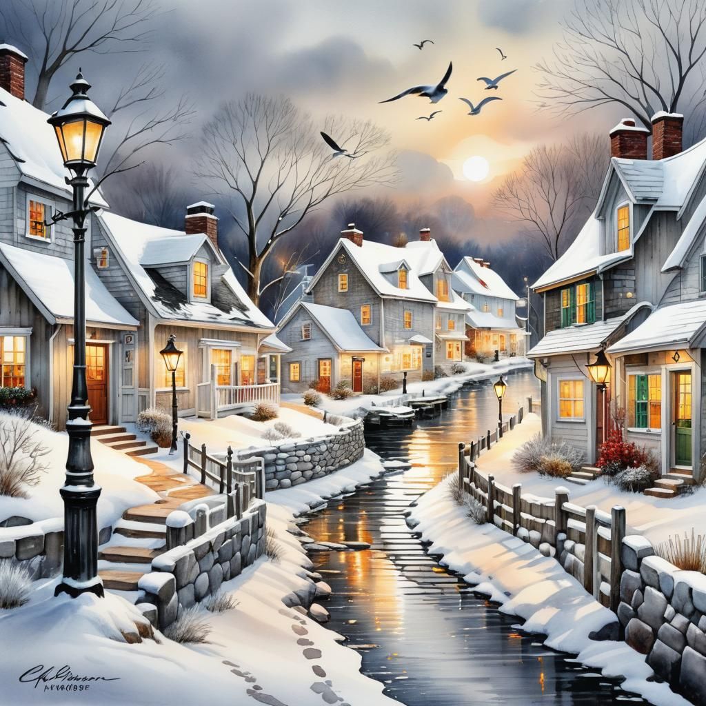 Winter Cottages on Cobblestone Street: Watercolor Ink Drawin...