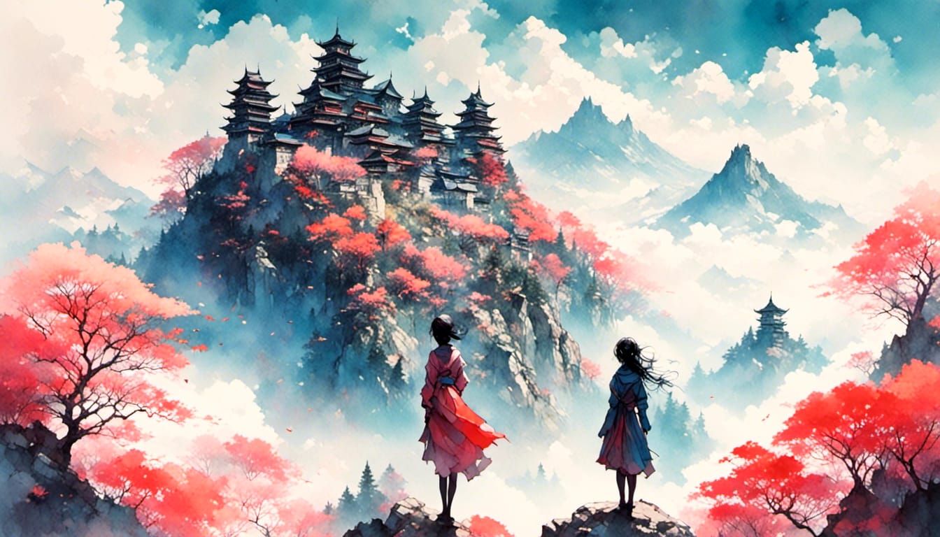 Woman Silhouette in Japanese Watercolor Landscape