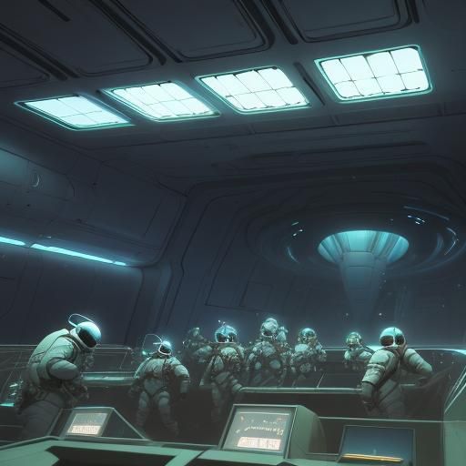 Astronauts in Spaceship Corridor in Futuristic Style